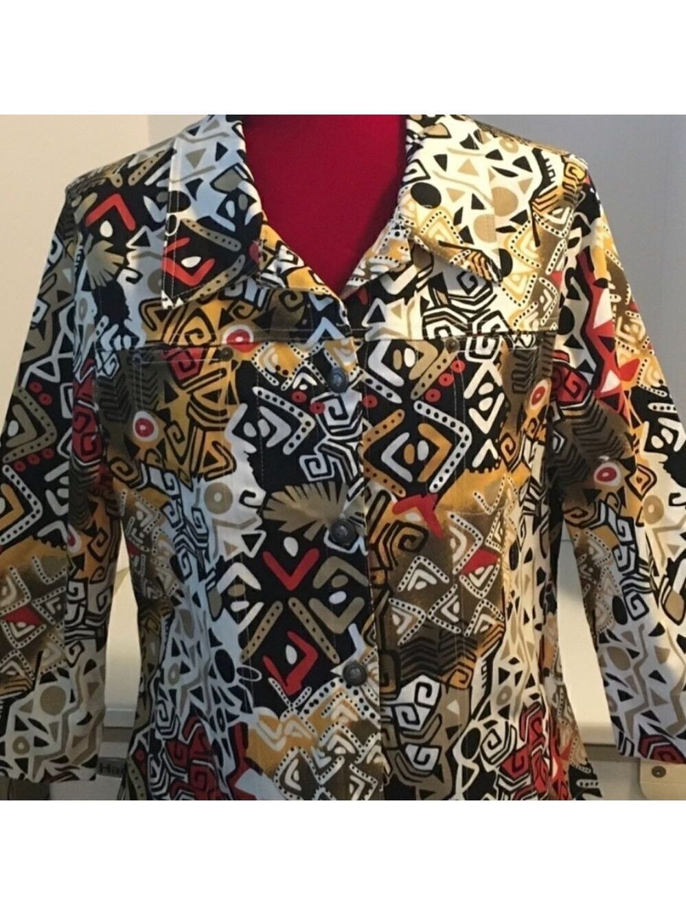 Kaktus Wearable Art woman's geometric tribal pattern lightweight button jacket L